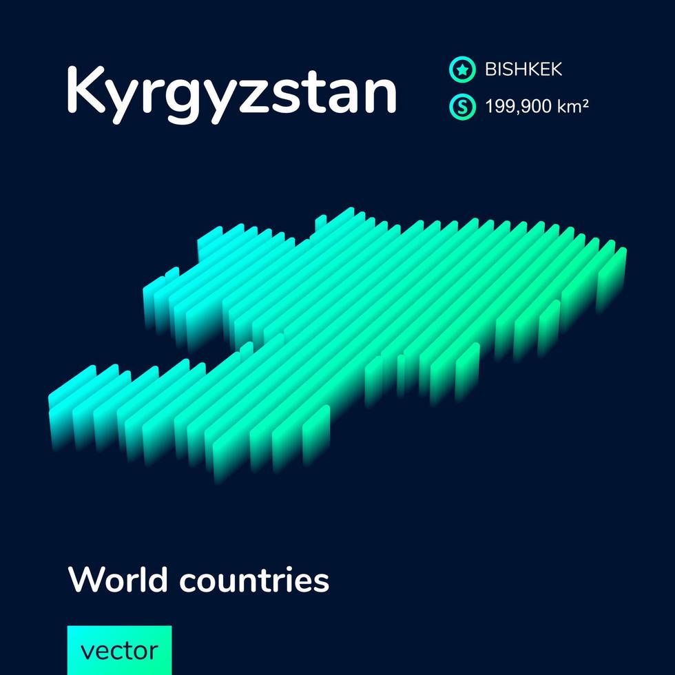 Kyrgyzstan 3D map. Stylized neon simple digital isometric striped vector Map is in green, turquoise and mint colors on the dark blue background