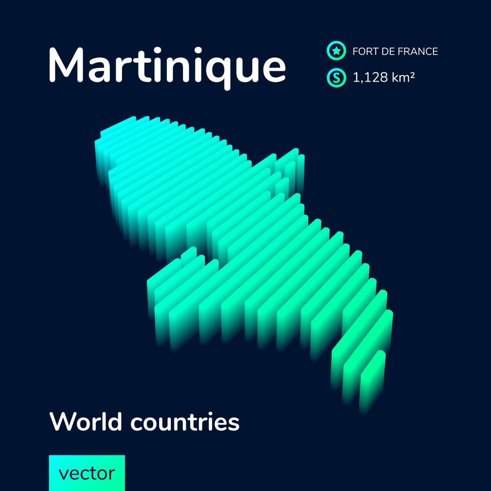 Martinique 3D map. Stylized neon simple digital isometric striped vector Map in green colors