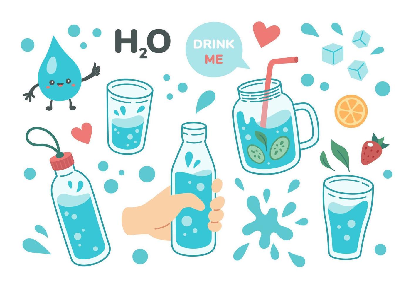 Drink more water concept, drinking water in mug, glass bottle. Set of various bottles, glasses in hand drawn style, correct daily habits, morning rituals. Zero waste. Vector illustration.