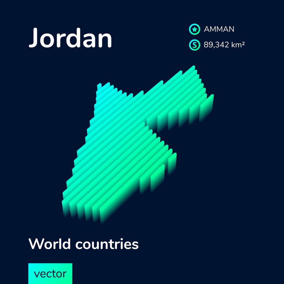 Stylized isometric vector 3d map of Jordan in mint turquoise colors on a dark blue background. Geography study poster, infographic element.