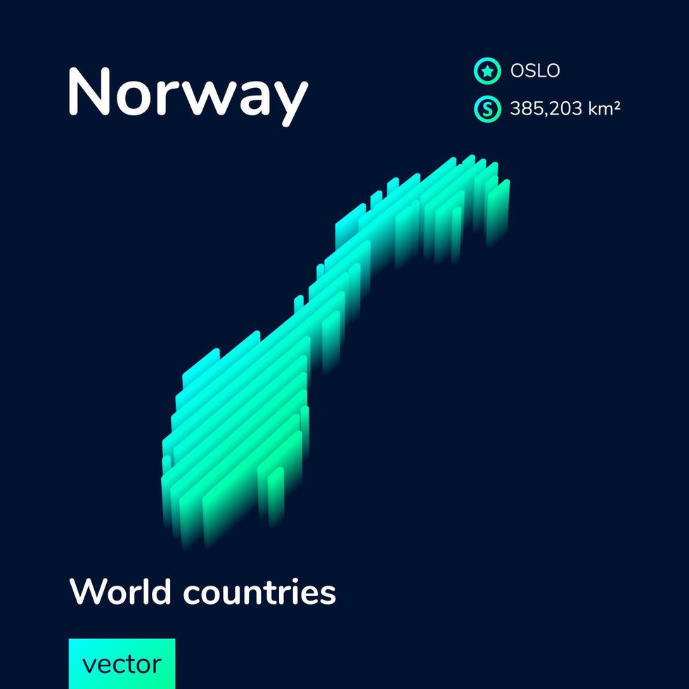 3d isometric vector Norway map in neon turquoise colors on a dark blue background