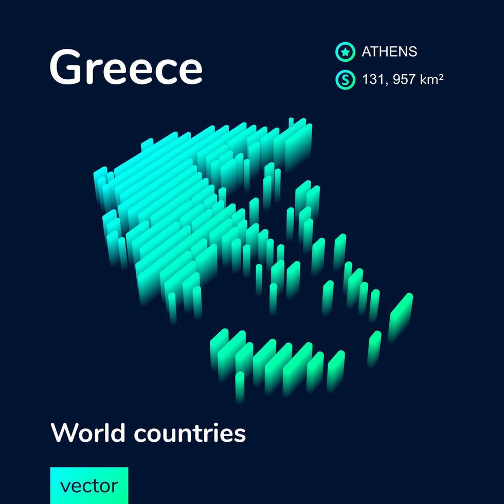 3D map of Greece. Stylized striped vector isometric Map of Greece is in neon green and mint colors on the dark blue background