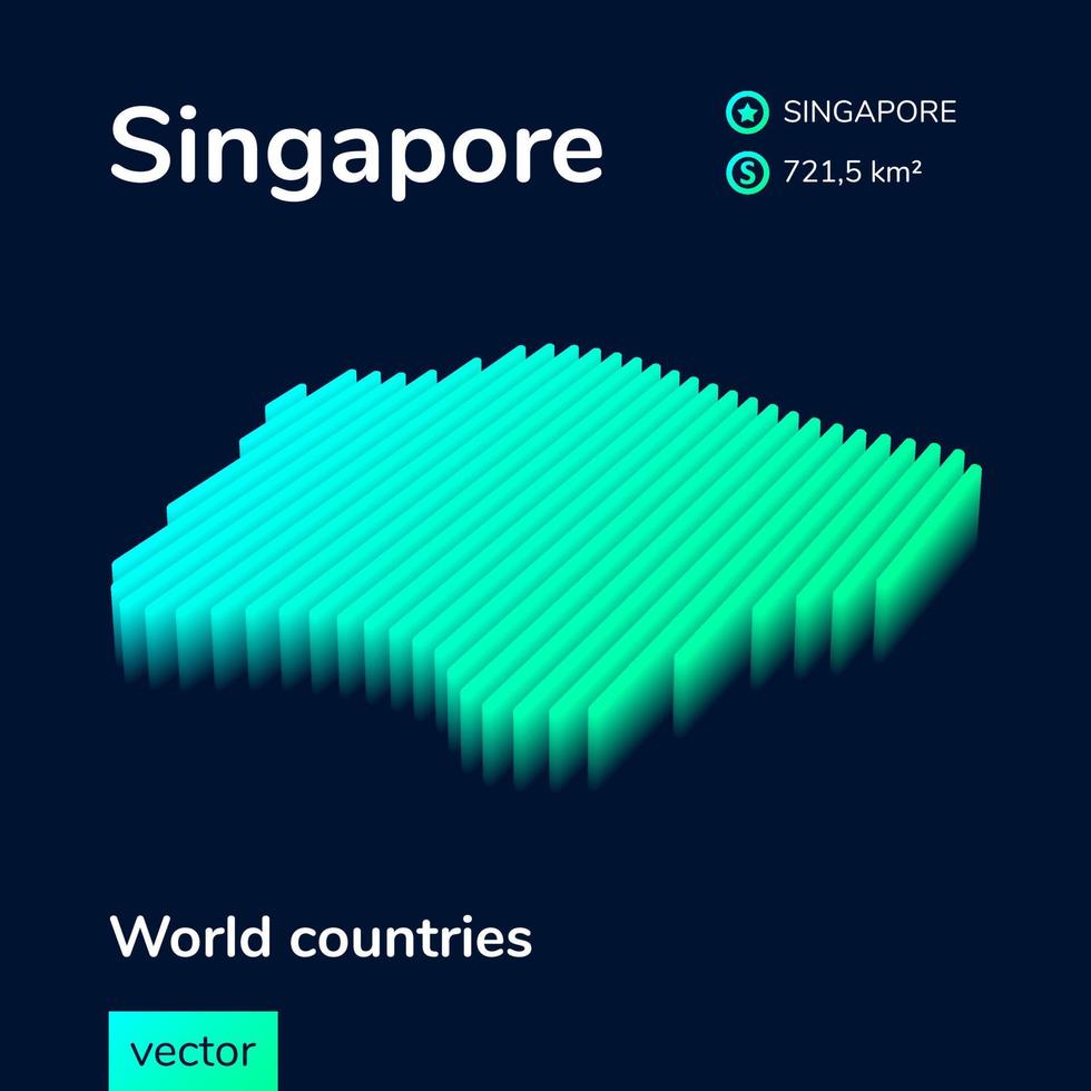 Singapore 3D map. Stylized neon isometric Map of Singapore in green colors on dark blue background vector