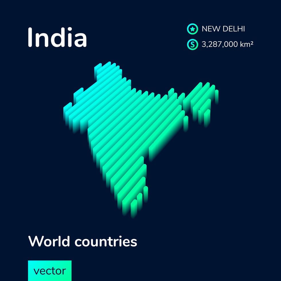 3D map of India. Stylized isometric vector map in mint turquoise colors on a dark blue background. Geography study poster, infographic element.