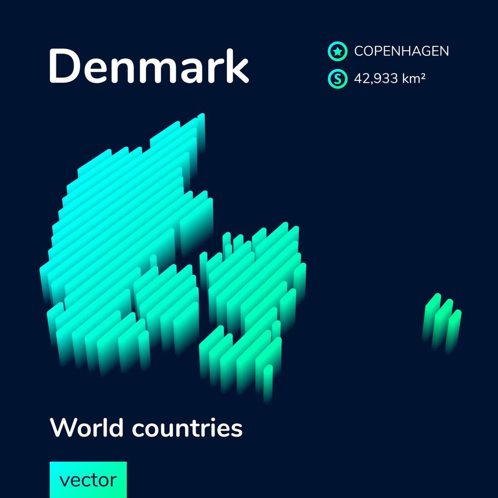 Stylized neon digital isometric striped vector Denmark 3D map. Map of Denmark is in green and mint colors on the black background.