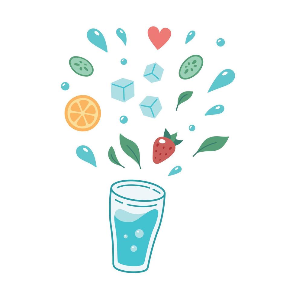 Cocktail ingredients splashing from bar glass. Cocktail making concept. Hand drawn Vector illustration, flat design, isolated on white background.