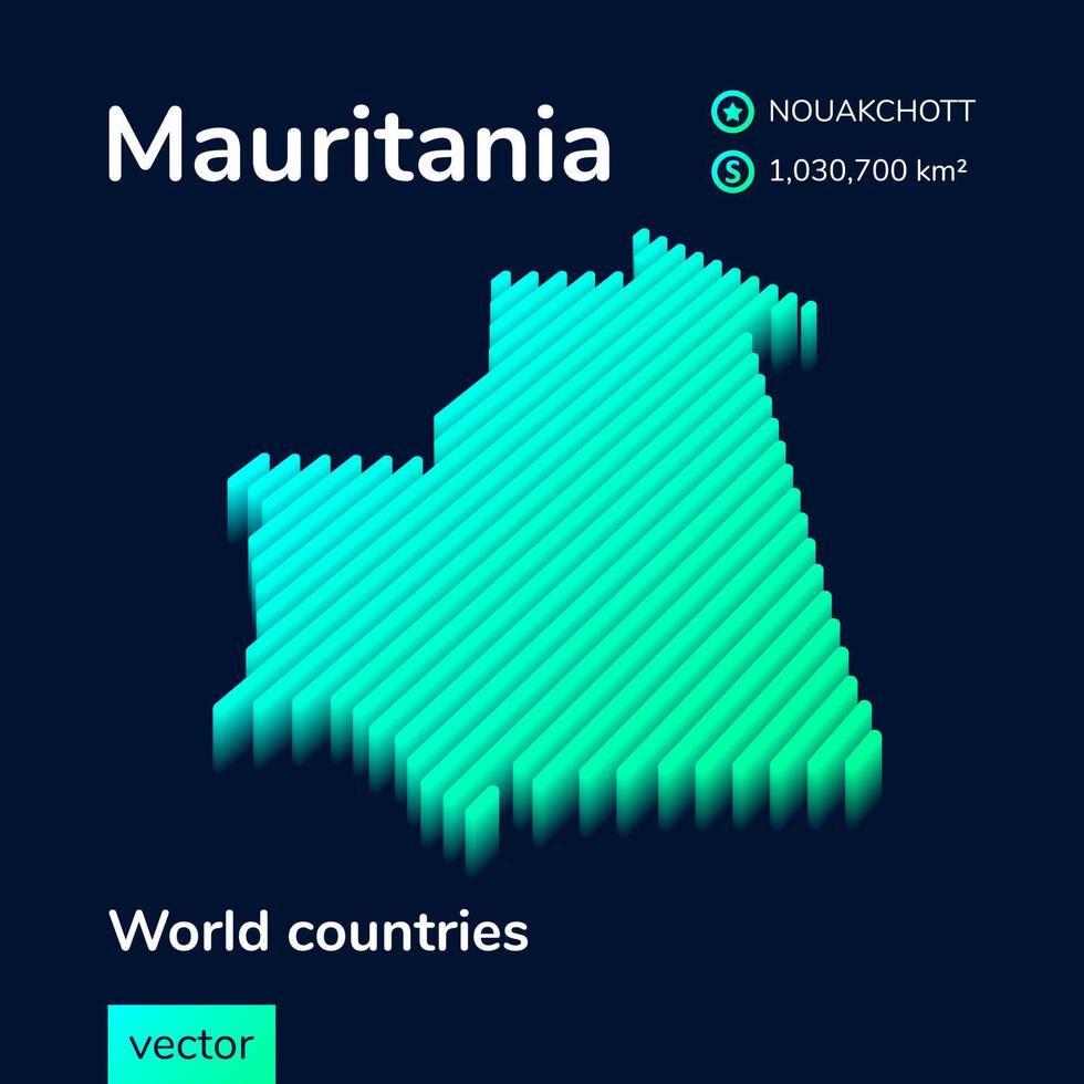 Mauritania 3D map. Stylized isometric neon striped vector map in green and mint colors