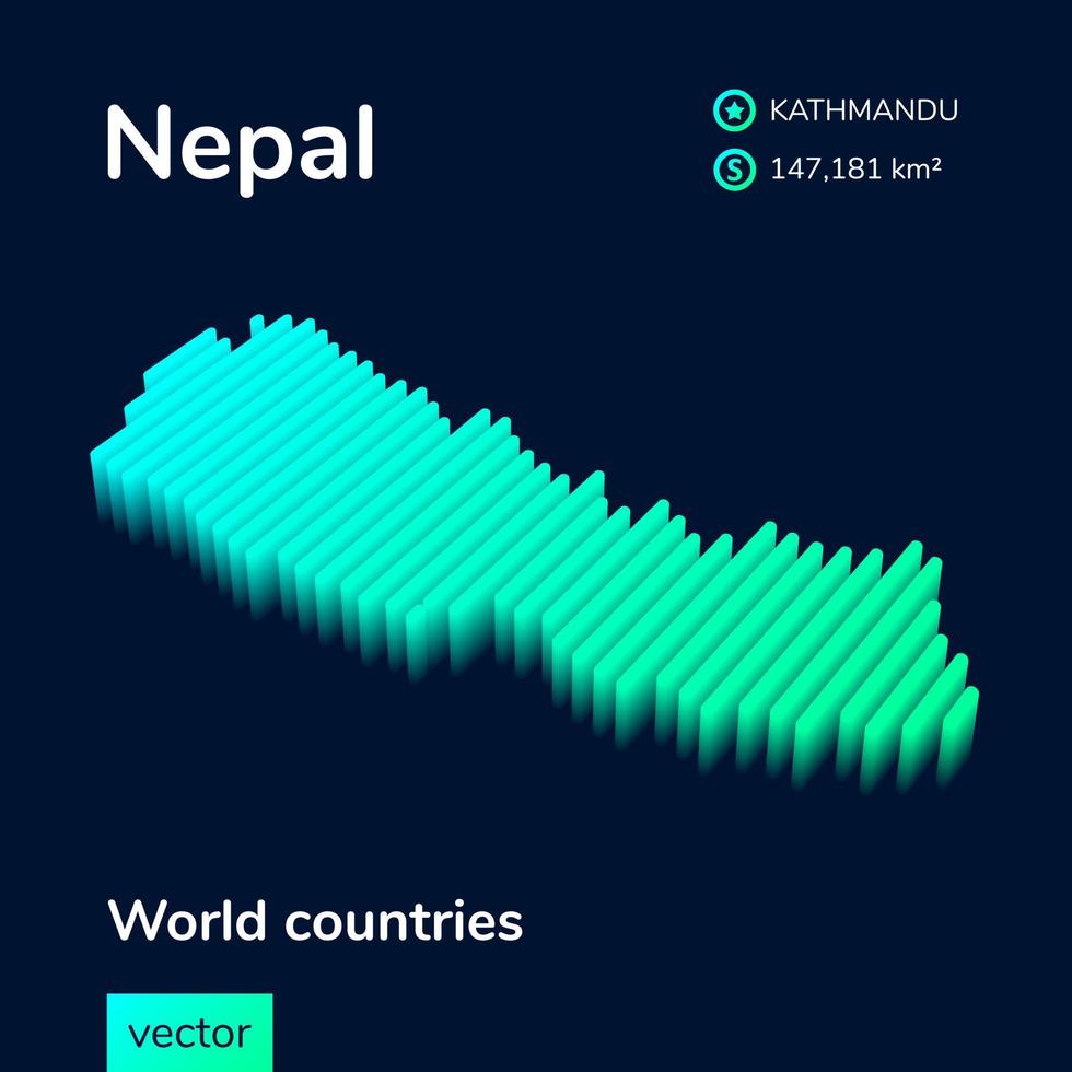 Nepal 3D map. Stylized isometric neon striped vector map in green and mint colors
