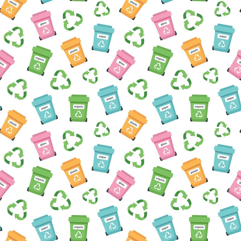 Zero waste concept seamless pattern with garbage bins and recycling sign. Sustainable lifestyle, ecological concept. Vector illustration in cartoon style