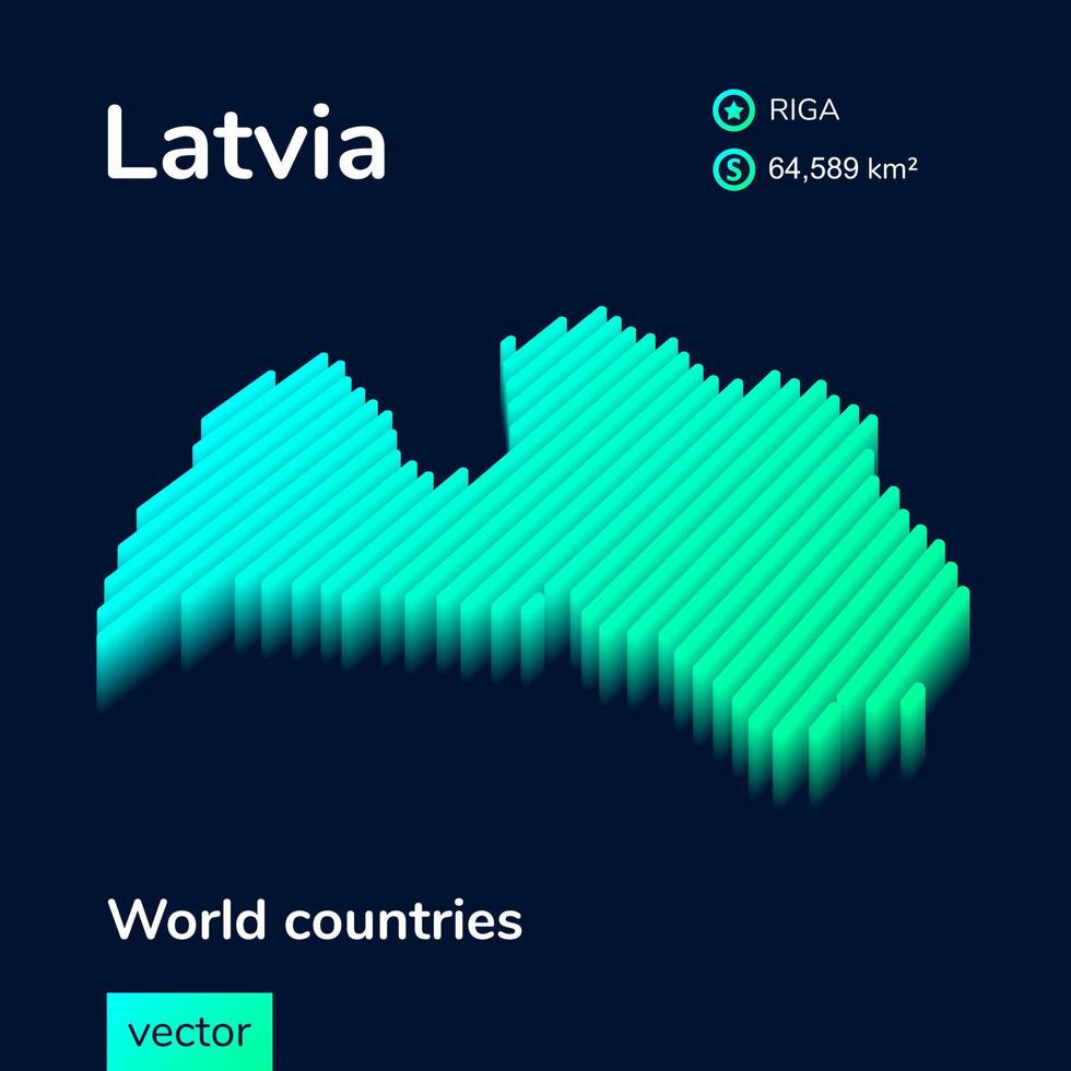 3d vector neon isometric Latvia map in turquoise colors on a dark blue background. Stylized map icon of Latvia. Infographic element