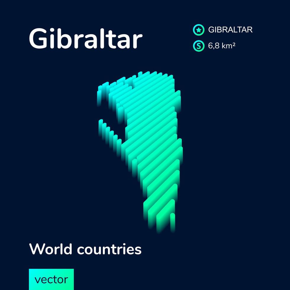 3D map of Gibraltar. Stylized striped vector isometric Map of Gibraltar is in neon green and mint colors on the dark blue background