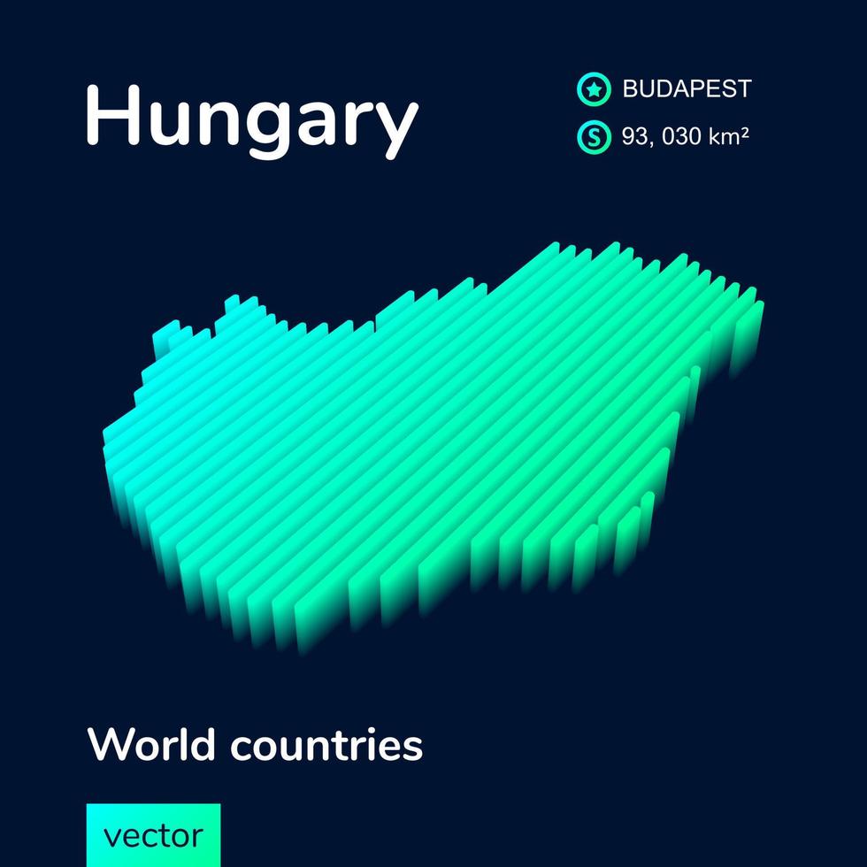 Hungría mapa 3d. El mapa isométrico de neón vectorial rayado estilizado de Hungría está en colores verde y menta en el fondo azul oscuro vector