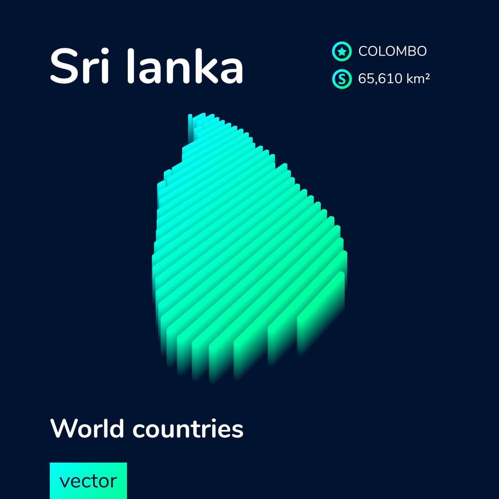 Stylized neon digital isometric striped vector Sri lanka 3D map in green, turquoise and mint colors