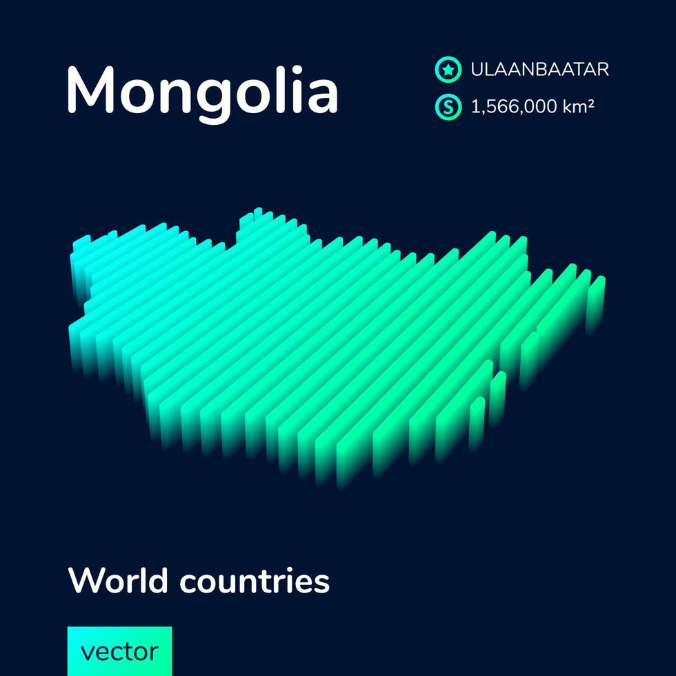 Mongolia 3D map. Stylized neon isometric striped vector Map in green colors on blue background