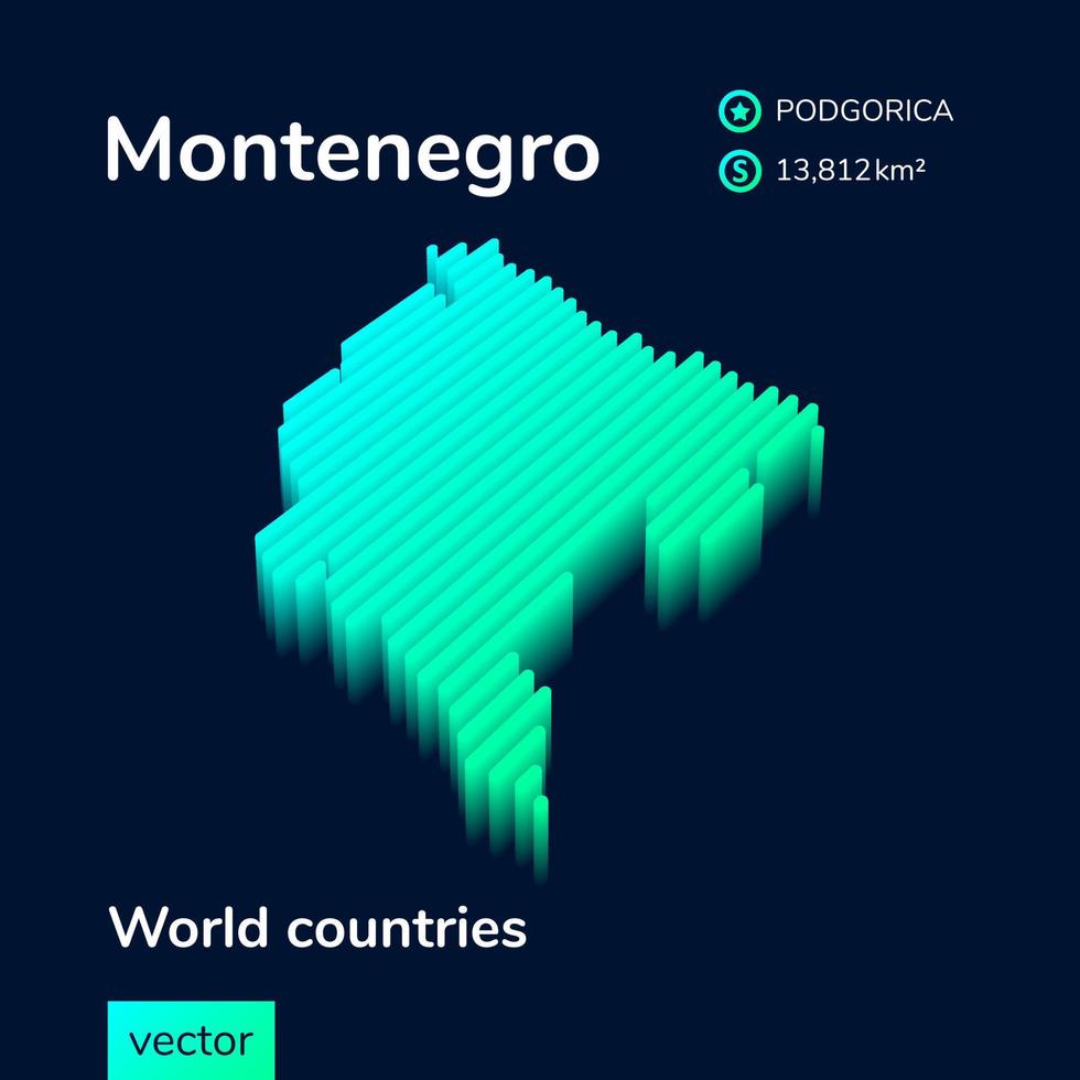 Montenegro 3D map. Stylized isometric neon striped vector map in green and mint colors