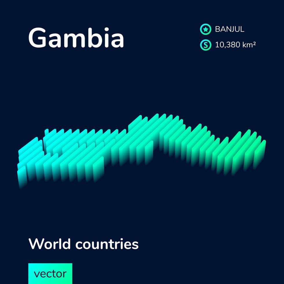 3D map of Gambia. Stylized striped vector isometric Map of Gambia is in neon green and mint colors on the dark blue background