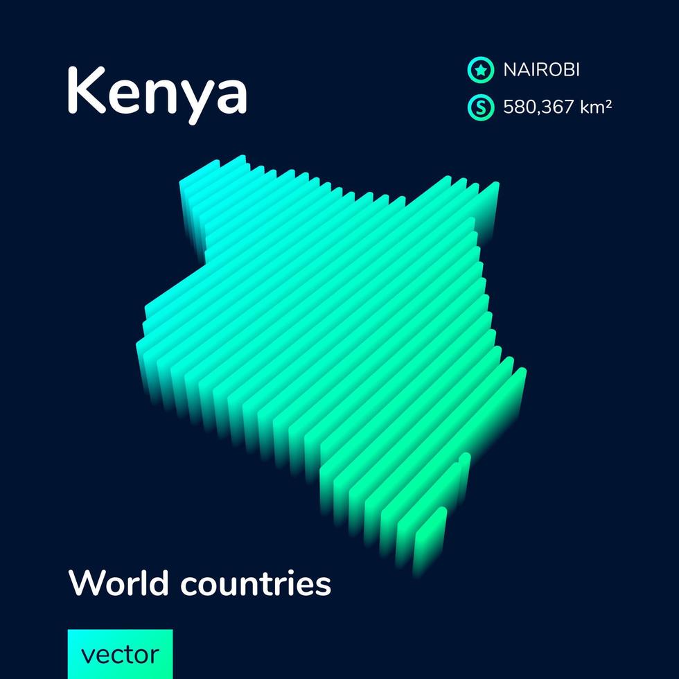 Mapa 3D de Kenia. el mapa vectorial isométrico rayado estilizado de kenia está en verde neón y colores menta en el fondo azul oscuro vector