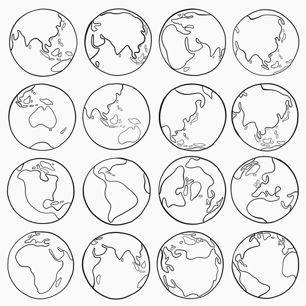 Collection of freehand world map sketch on globe. vector