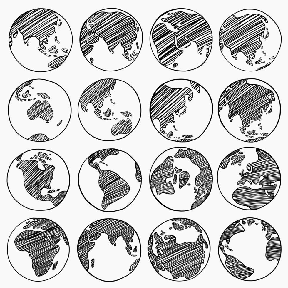 Collection of freehand world map sketch on globe. vector