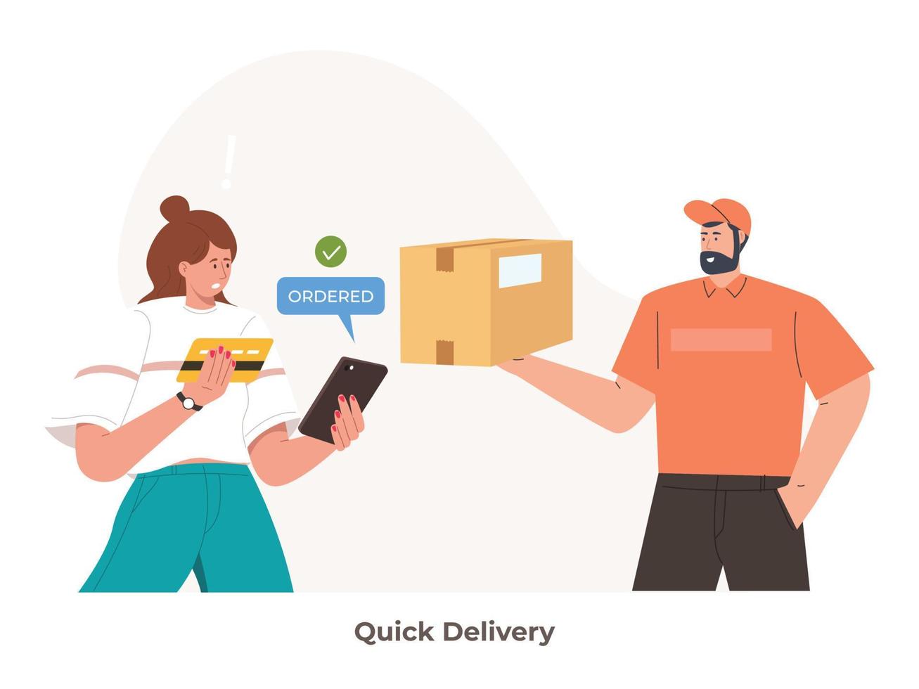 una persona entrega rápidamente un paquete o una pizza. entrega urgente de alimentos y compras en línea. concepto de entrega rápida vector