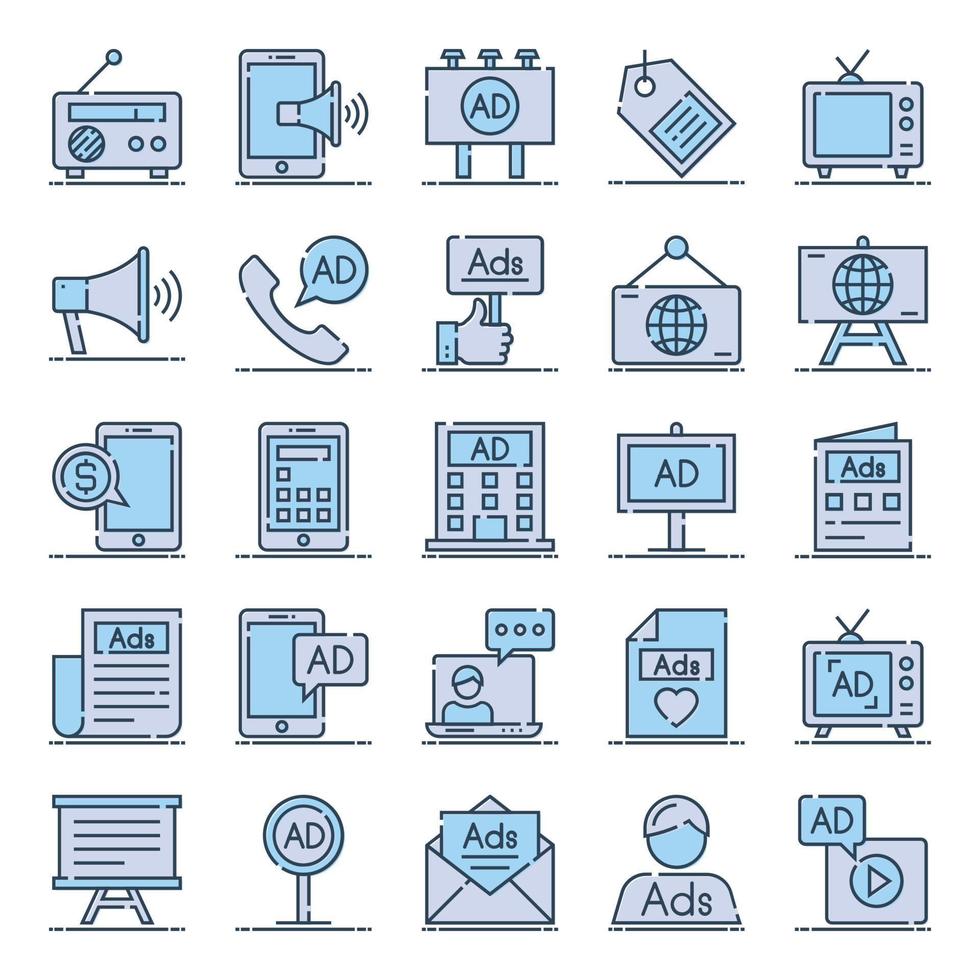 Filled color outline icons for Advertising and Media. vector