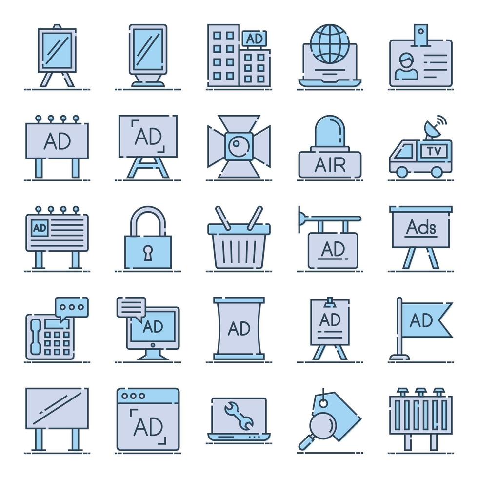 Filled color outline icons for Advertising and Media. vector