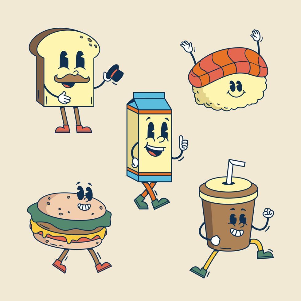 comida y bebida de dibujos animados retro dibujados a mano vector