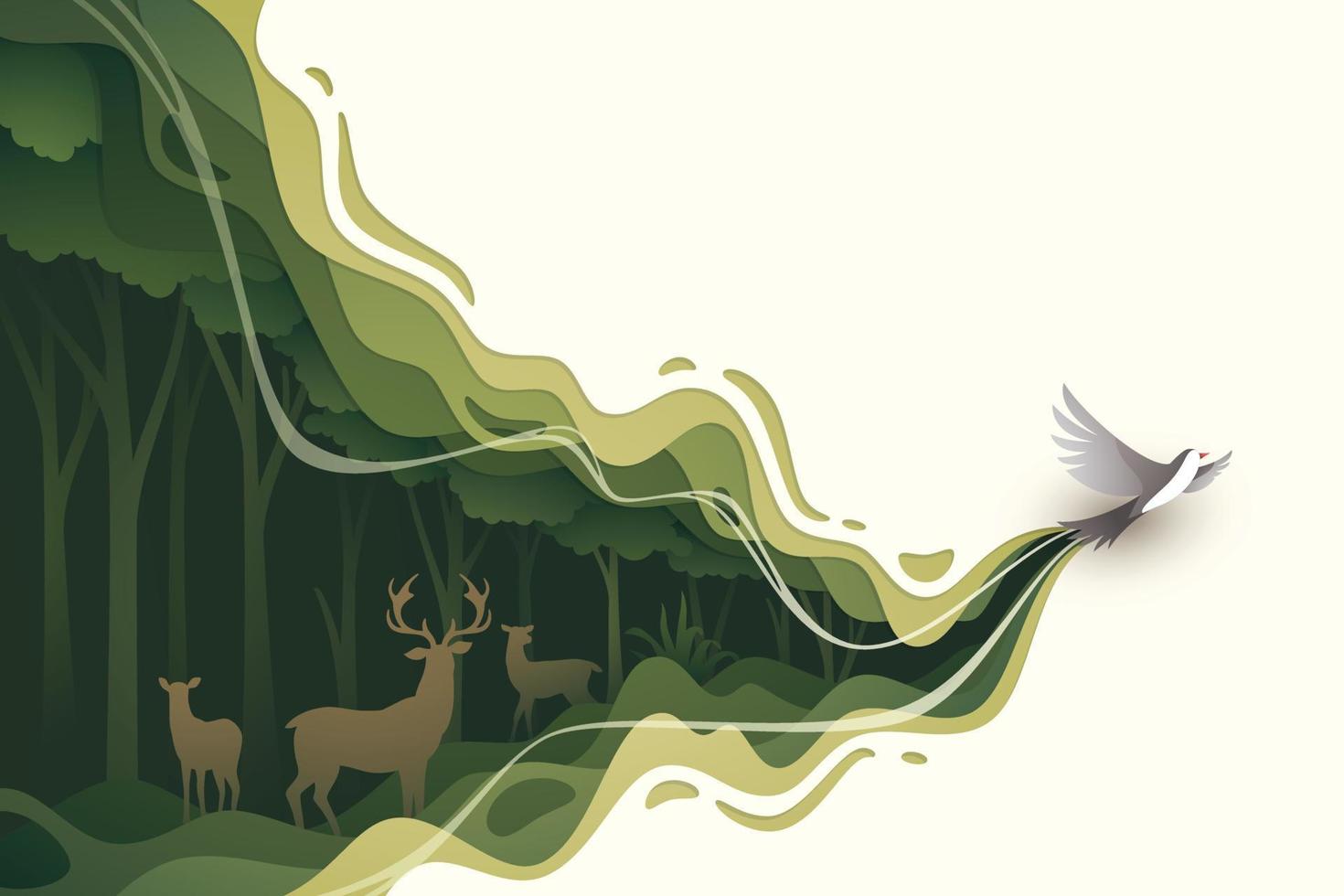 Flying bird in natural forest layered shape wavy background in paper cut style vector