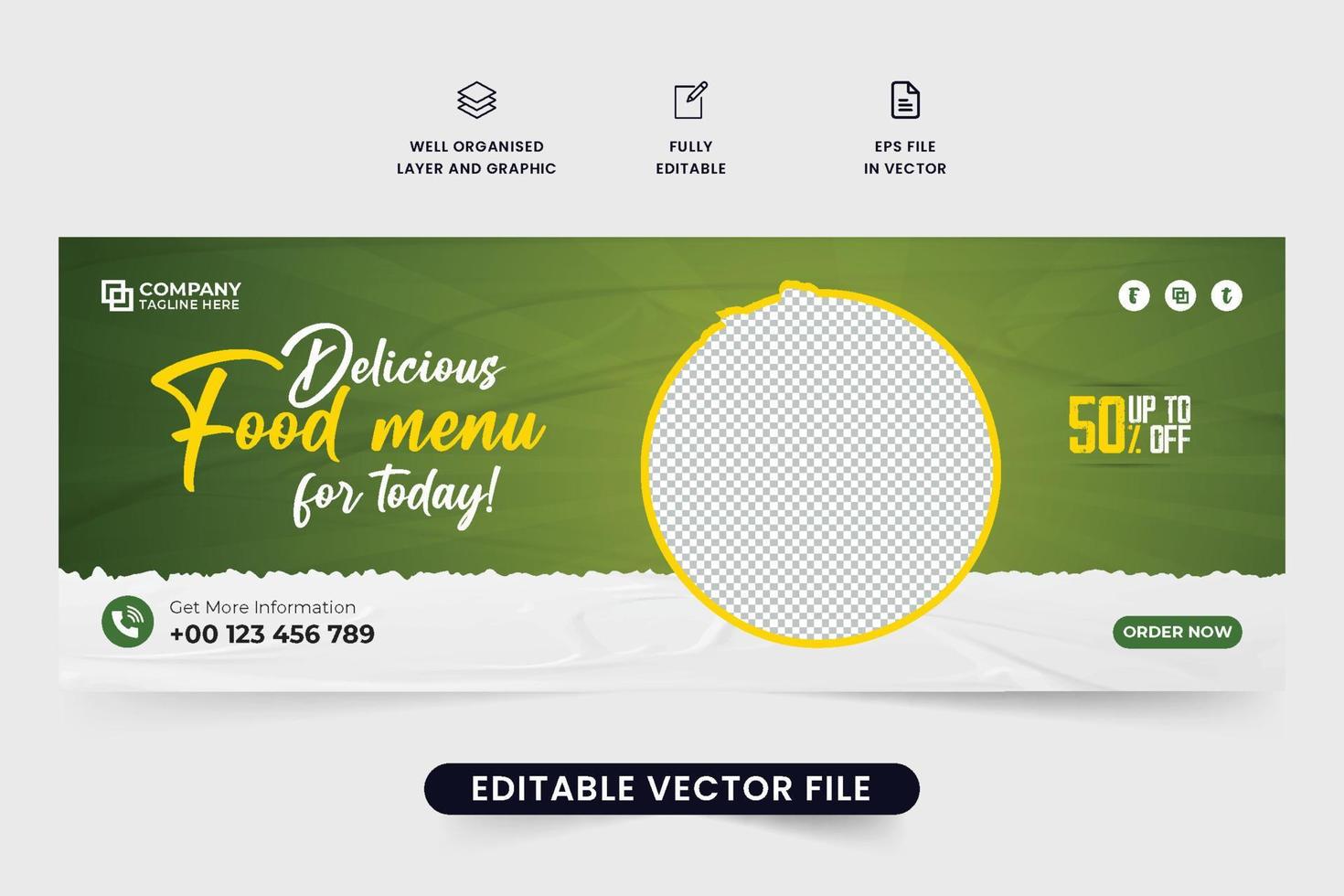 Fresh Healthy food social media cover template vector with green and yellow colors. Restaurant promotion web banner design for digital marketing. Delicious food menu advertisement banner template.
