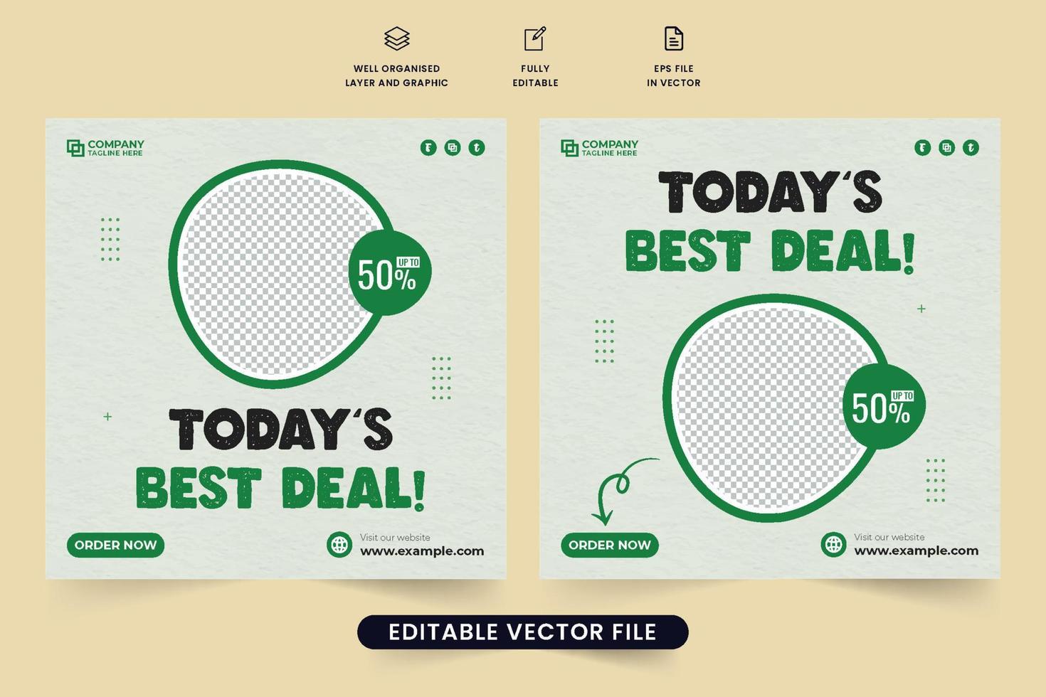 Creative food promo template design with photo placeholders and green color. Special food menu discount poster vector for social media marketing. Restaurant food menu promotional web banner vector.