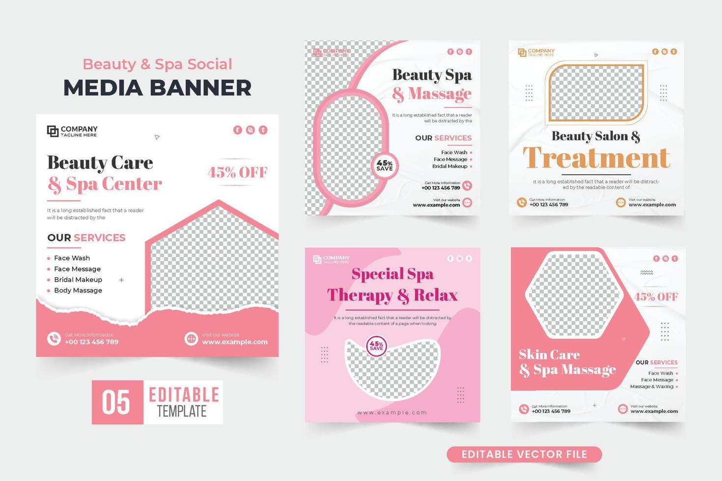 colección de banners web de publicidad de salón de masajes y cuidado de la piel con colores rosa y oscuro. paquete de carteles de promoción comercial de terapia de spa para marketing. cuidado de la belleza vector de conjunto de publicaciones en redes sociales.