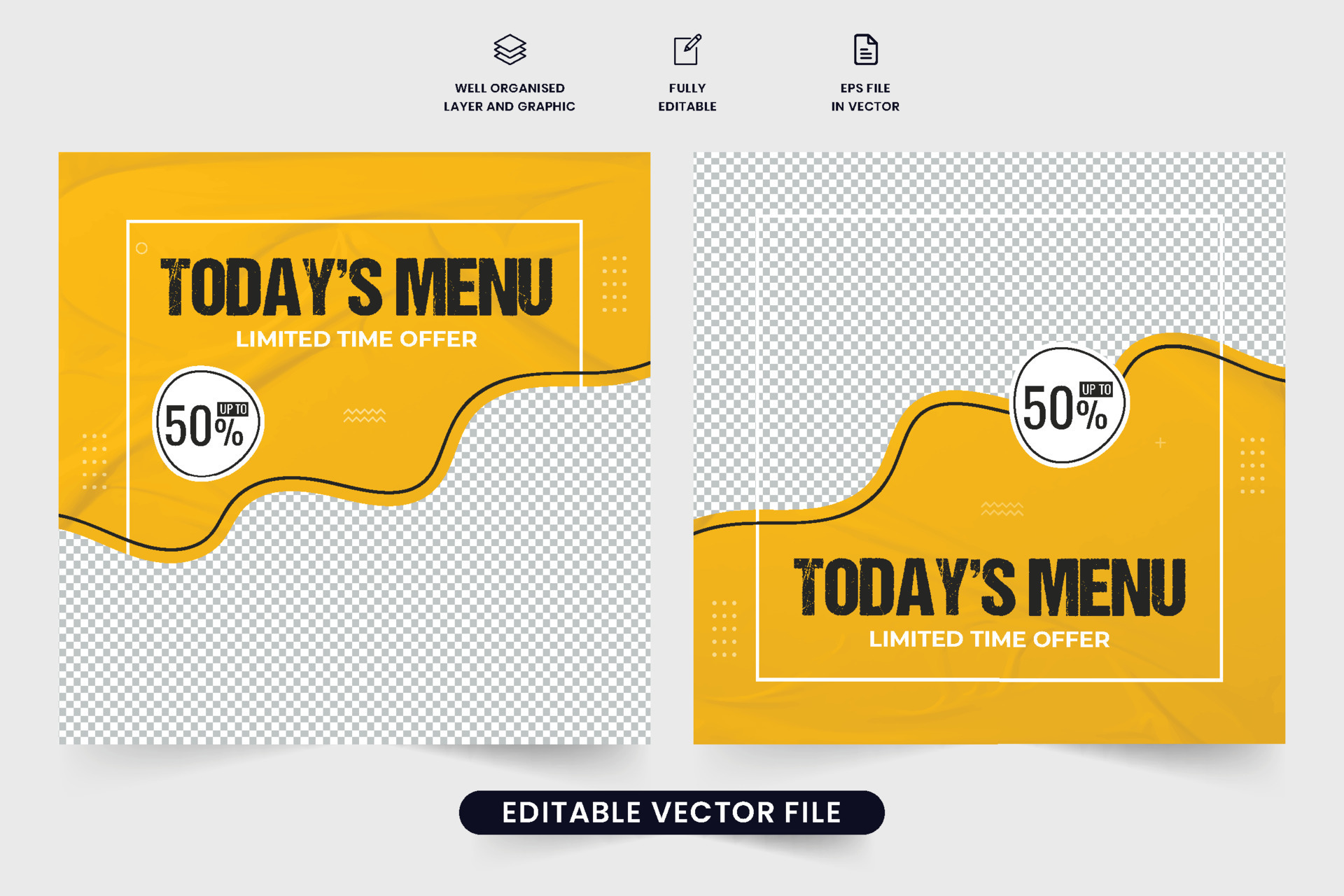 Food promo template design with yellow and dark colors. Special food