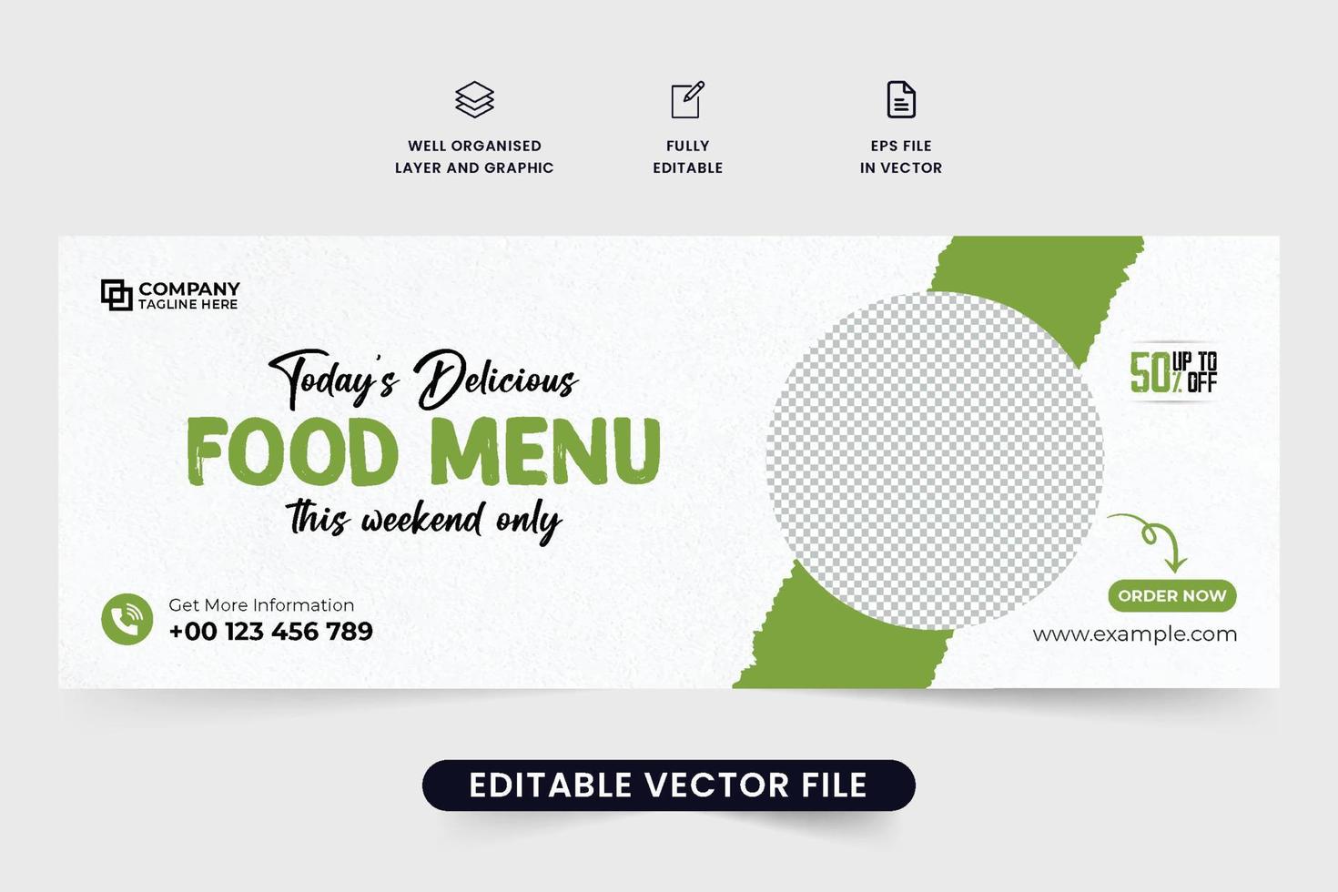 Weekend food discount social media cover design with green and dark colors. Restaurant menu promotion template vector with photo place holders. Food business commercial web banner design.