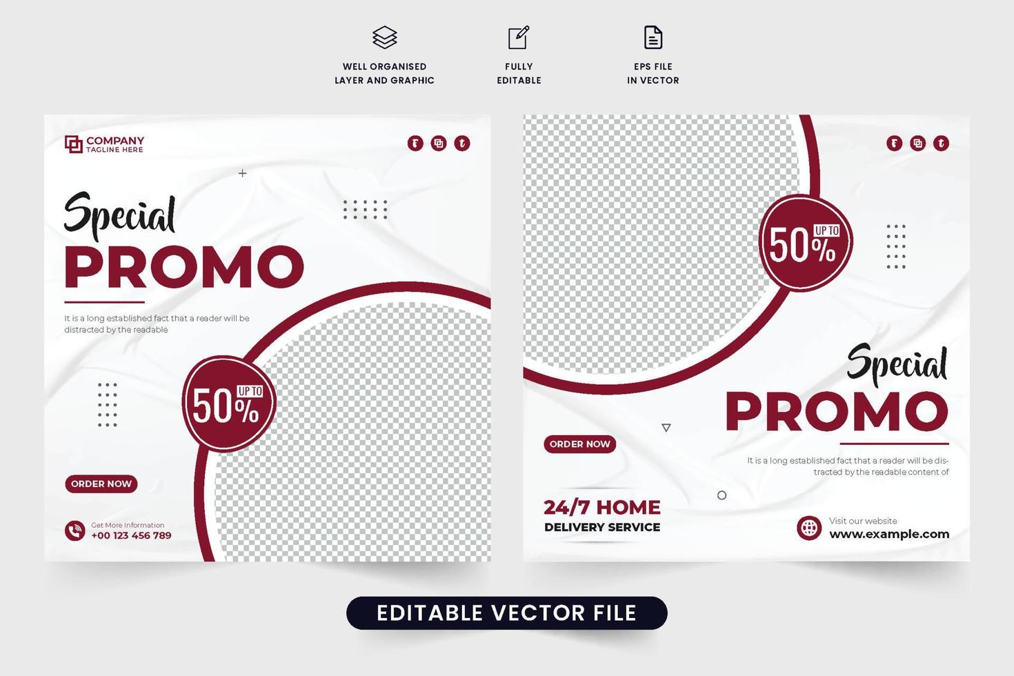 Food promo template social media post vector with red wine color. Special food menu promotional web banner design for social media marketing. Food discount template design with abstract shapes.