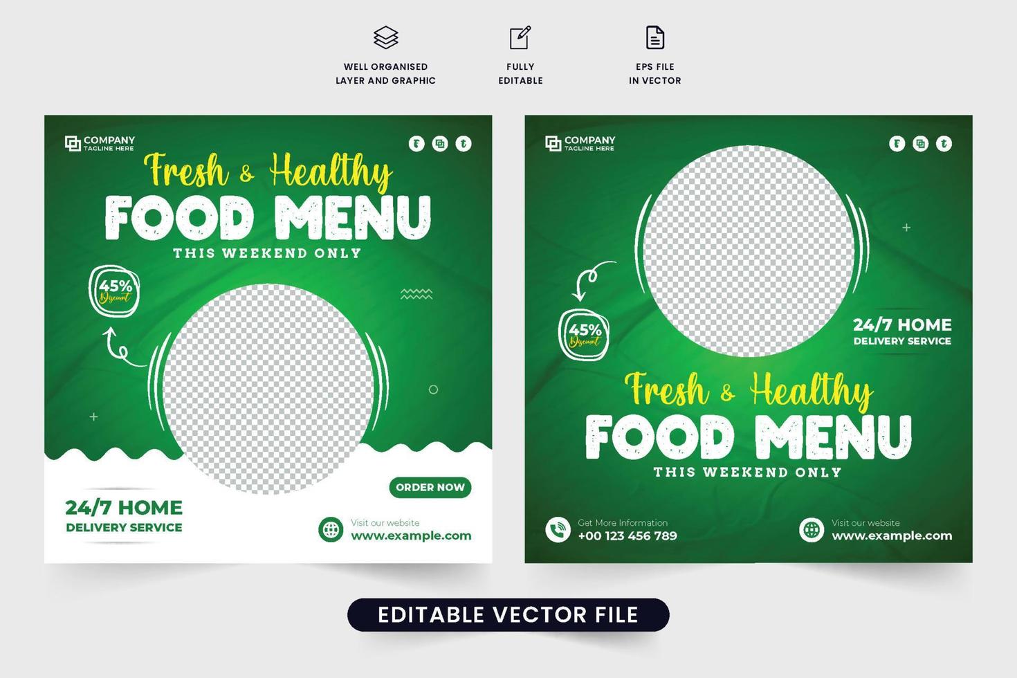 Fresh and healthy food menu social media post design for the restaurants. Food menu discount template design with green and white colors. Online food business promotion template vector. vector