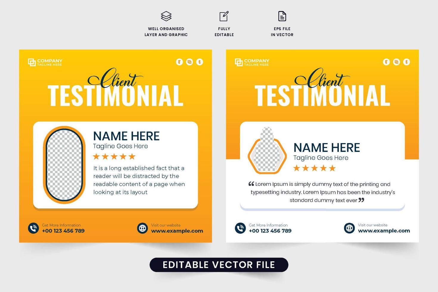 diseño de testimonios creativos con colores amarillos y oscuros para comentarios comerciales. vector de diseño de revisión de servicio al cliente con marcadores de posición de fotos. retroalimentación especial del cliente y diseño de plantilla de calificación.