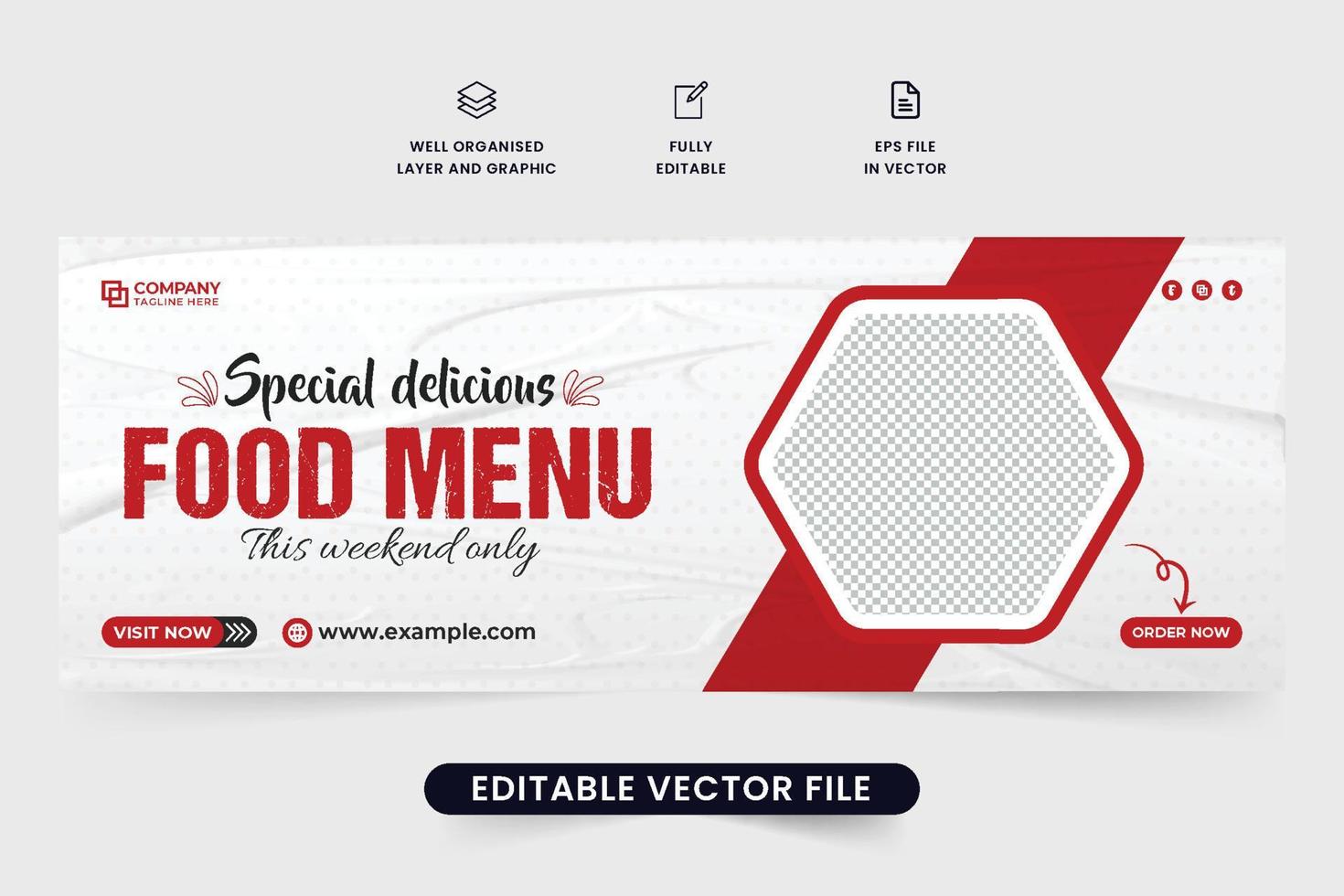 Food menu weekend offer, a social media cover design with red and dark colors. Restaurant business web banner vector for social media promotion. Special food menu commercial web banner vector.