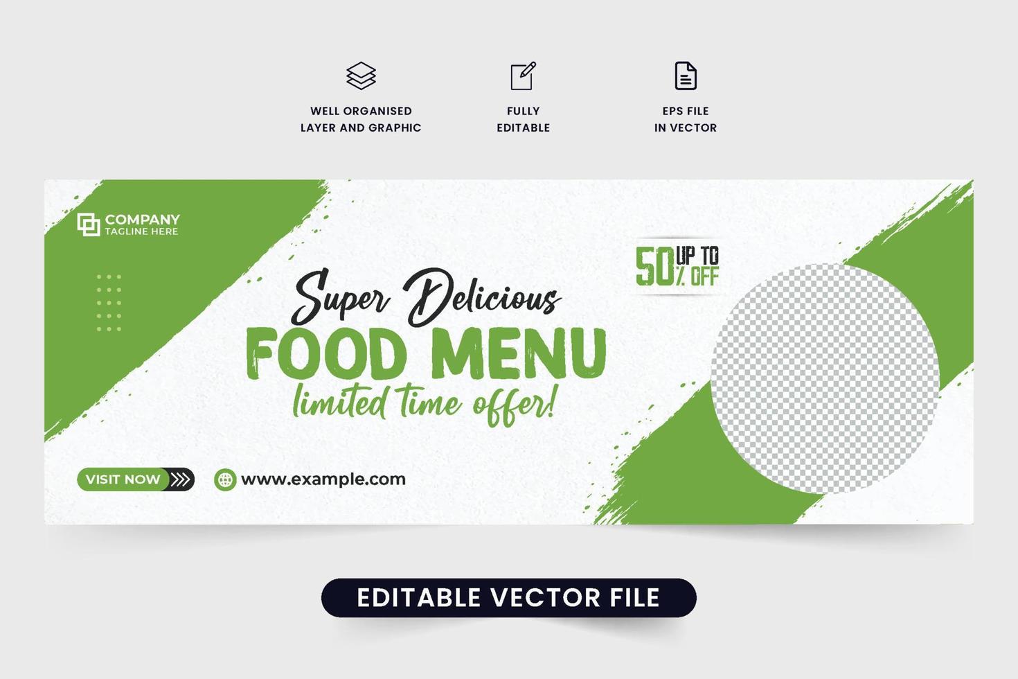 delicioso diseño de plantilla de promoción de comida con efecto de pincel verde. banner publicitario especial de comida para la portada de los medios sociales del restaurante. vector de banner web comercial de alimentos con marcadores de posición de fotos.