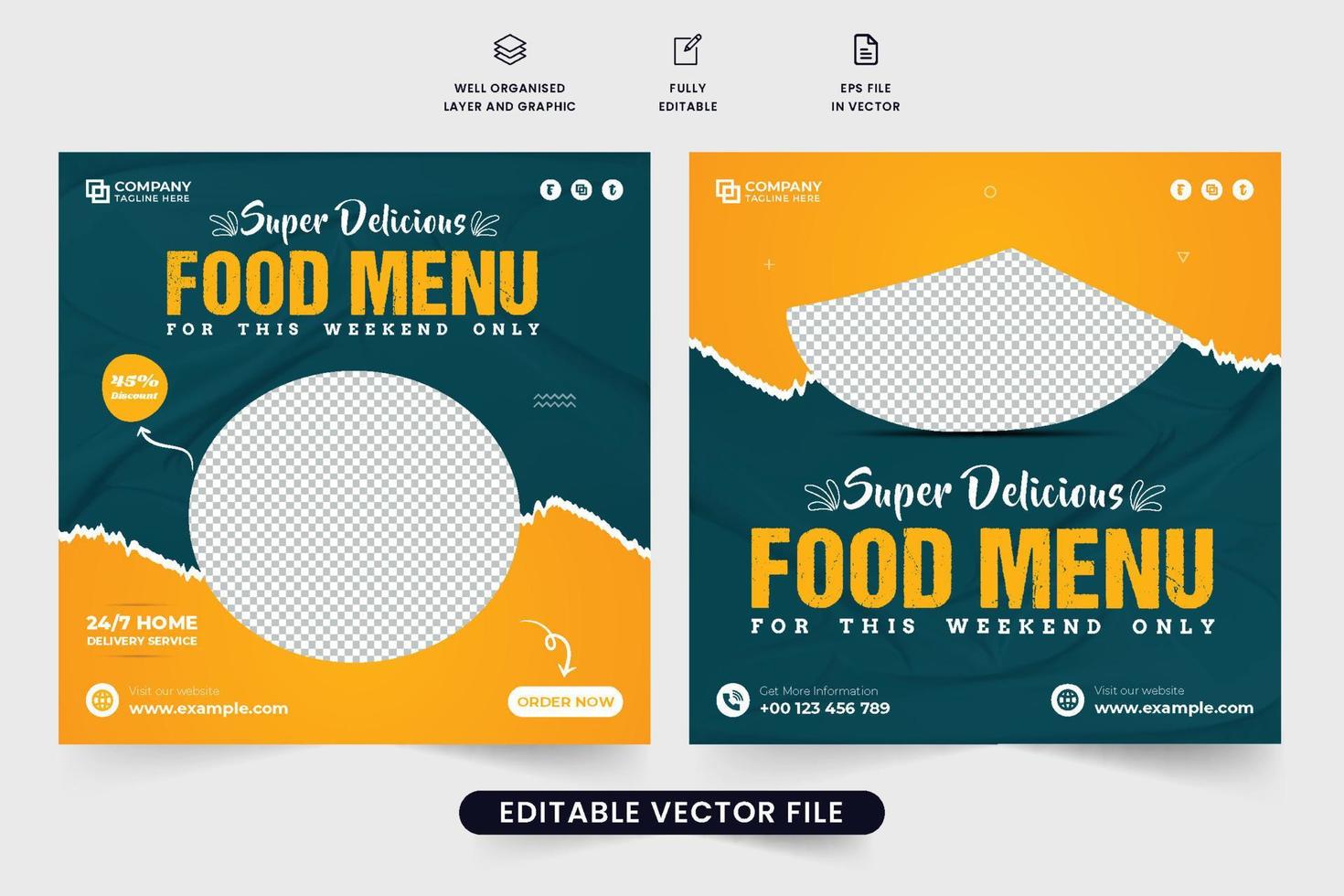 Super delicious food menu template design with yellow and dark blue colors. Restaurant business advertisement template vector with abstract brush effect. Food menu discount offer poster design.