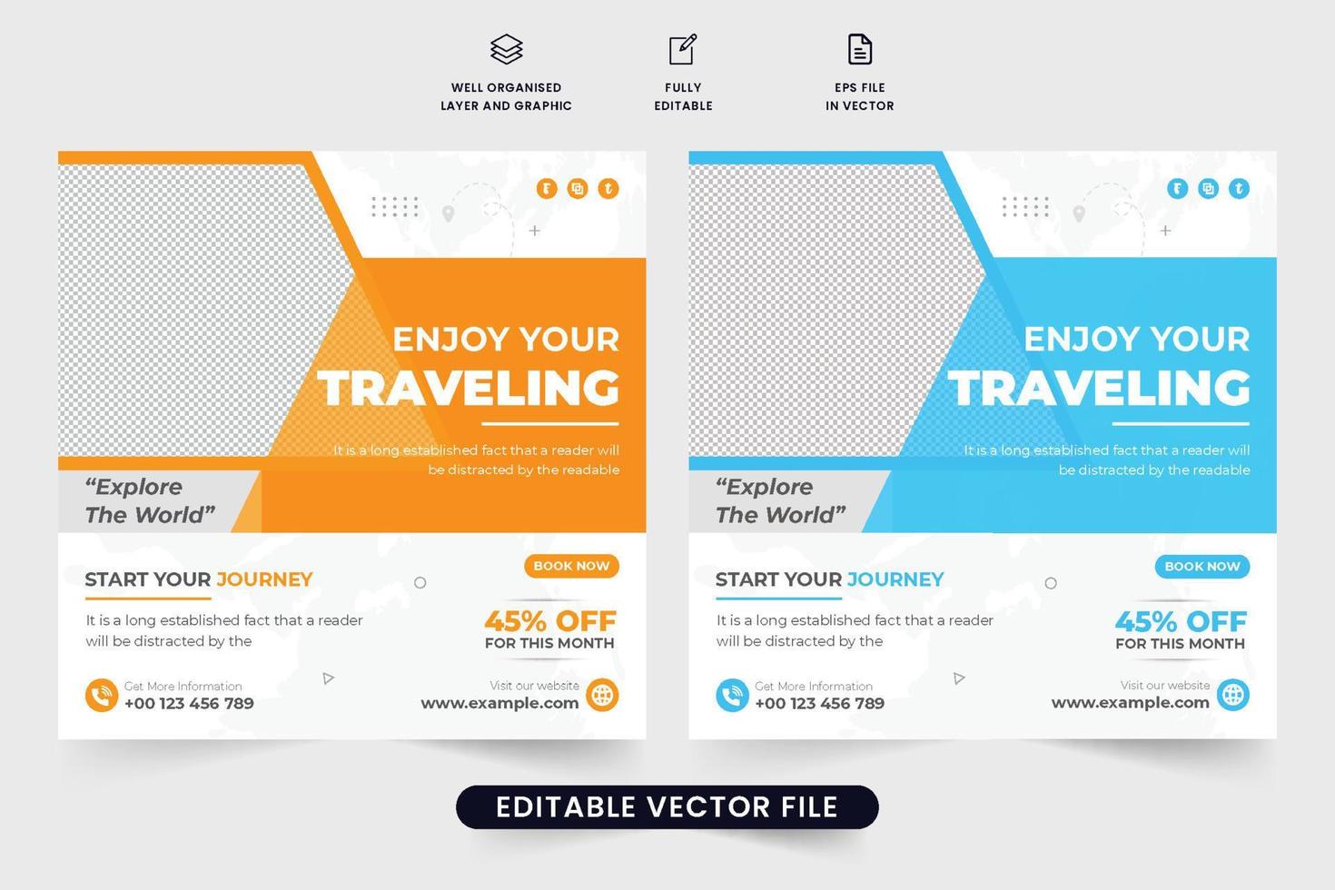 plantilla de promoción comercial de agencia de planificación de viajes y viajes para marketing en redes sociales. vector de banner web de publicidad de agencia de viajes con formas creativas. viaje de vacaciones diseño de publicaciones en redes sociales.