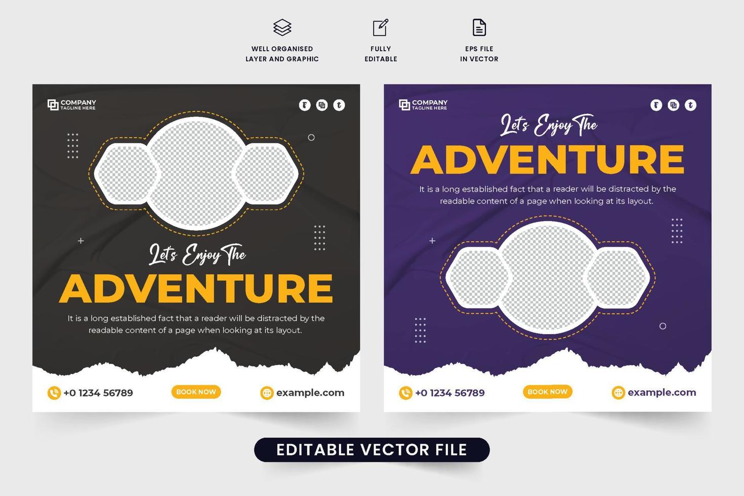 Tour and trip planner agency business promotion template for social media marketing. Travel agency advertisement web banner vector with creative shapes. Vacation trip social media post design.