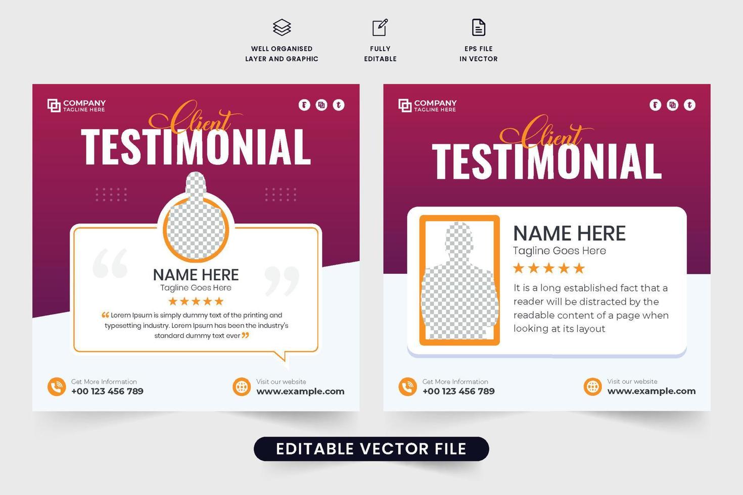 Customer service feedback web banner design with quote and rating sections. Client testimonial template design for business promotion. Website review layout social media post vector with purple color.