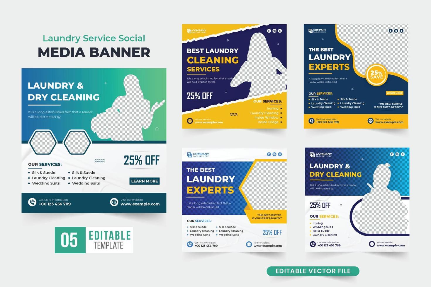 Laundry service social media post collection with dark and yellow colors. Laundry and dry cleaning service template bundle for marketing. Cloth washing promotional web banner set vector. vector