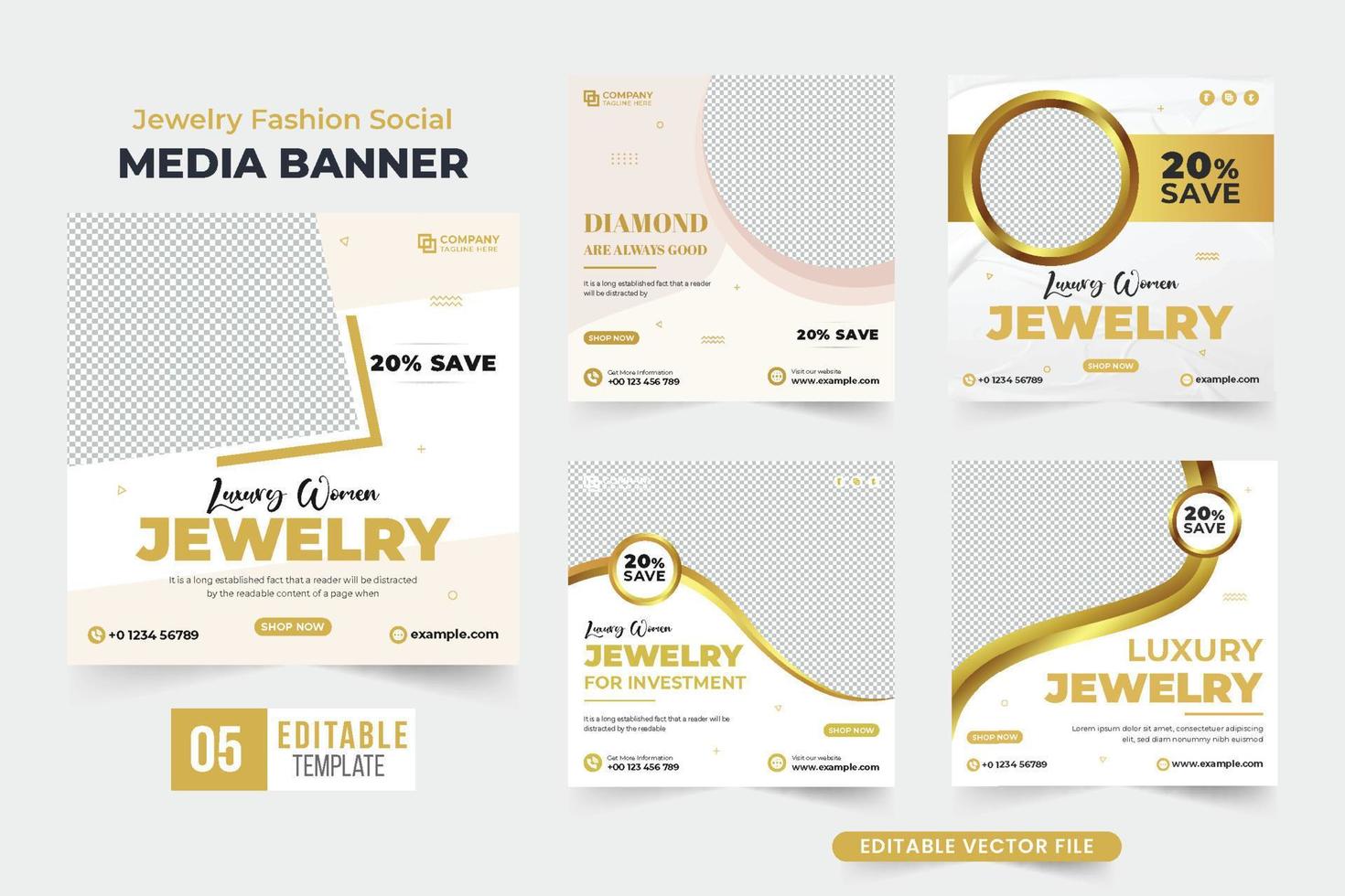 Luxury jewelry business advertisement template set with abstract shapes. Ornament sale social media post collection for digital marketing. Special jewelry promotional poster bundle with golden color. vector