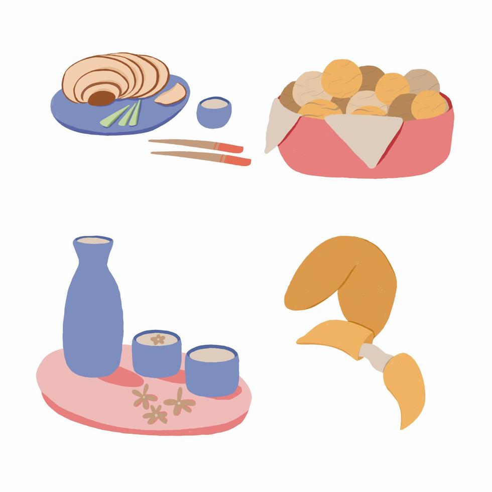 Peking duck, Chinese buns, sake, fortune cookies vector