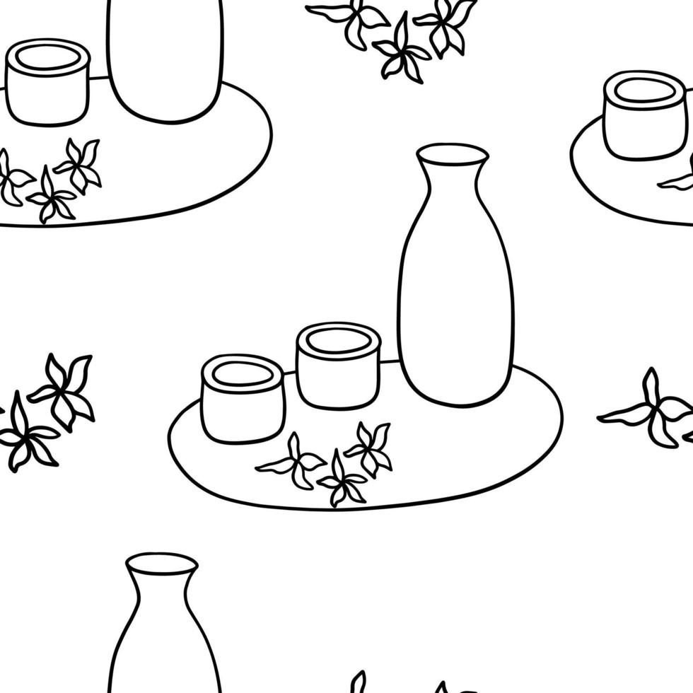 Doodle seamless pattern Japanese alcoholic drink sake vector