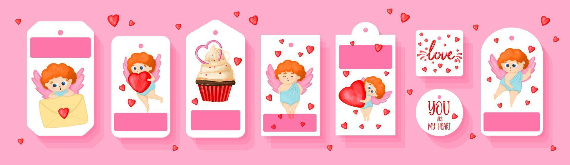 Gift tags with angels and hearts. Tags for valentine s day. Cupid helper.Funny cupid angel character with wings. Red hearts. GIFT PACKAGING. vector