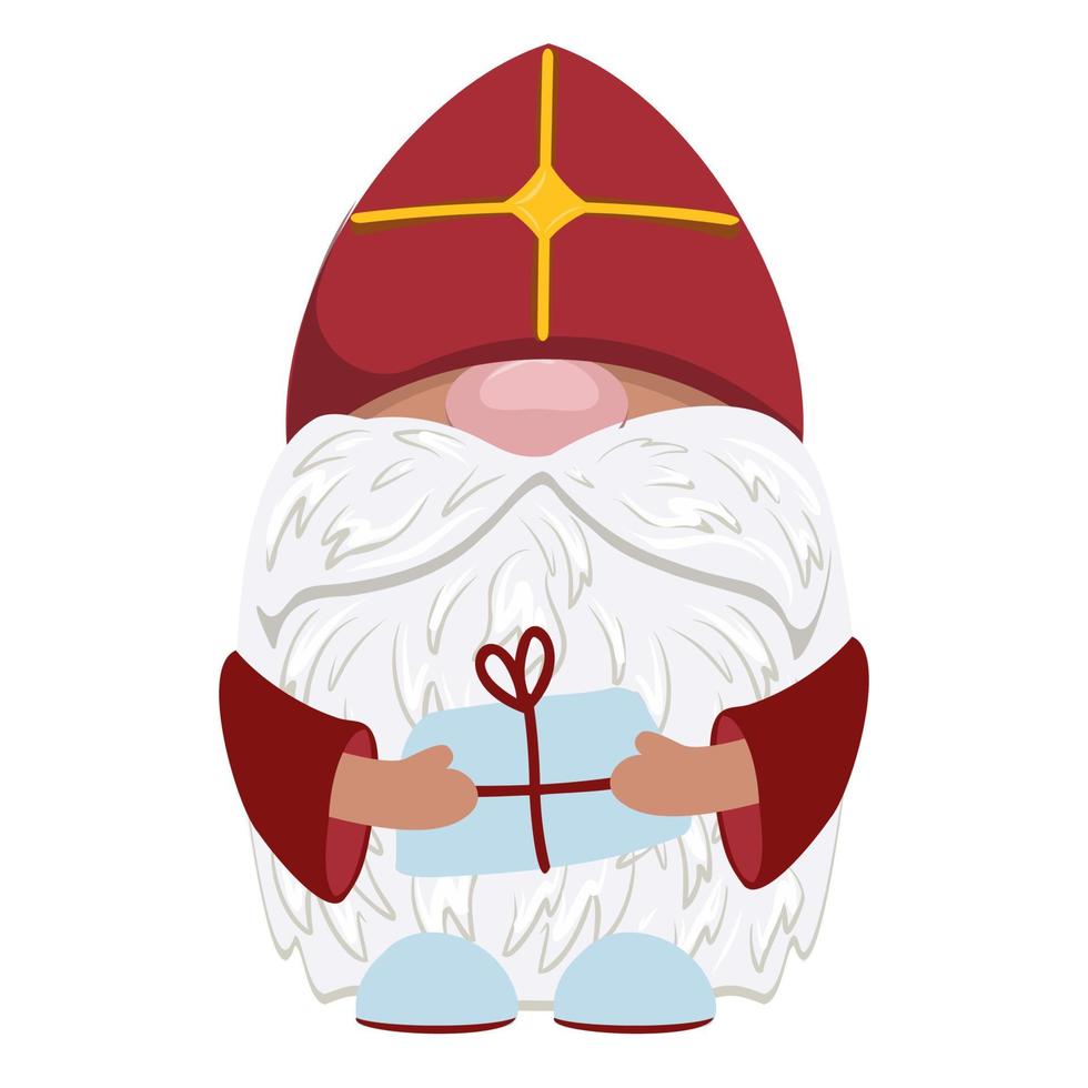 Saint Nicholas Day character isolated on white. The gnome is holding a gift. Nicholas old man Christian religion. Red miter. Dwarf priest. vector