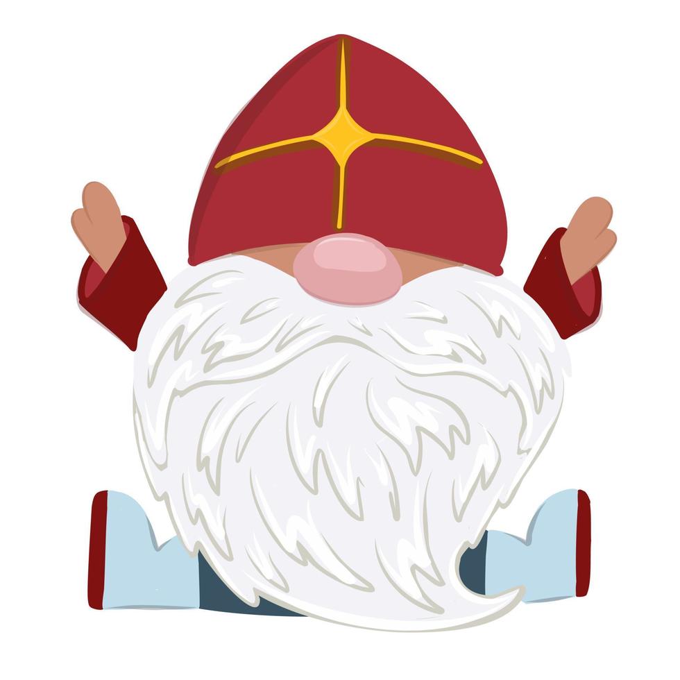 Saint Nicholas Day character isolated on white. The gnome is holding a gift. Nicholas old man Christian religion. Red miter. Dwarf priest. vector