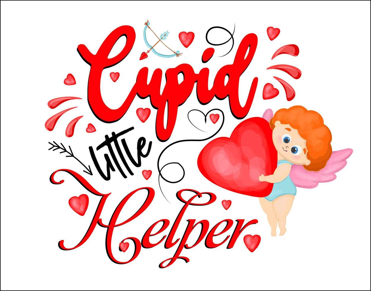 Cupid to print on a T-shirt. Composition for a print for Valentine's Day. Vector illustration of an angel. Valentine's Day character. Baby cupid smiles. Red hair.